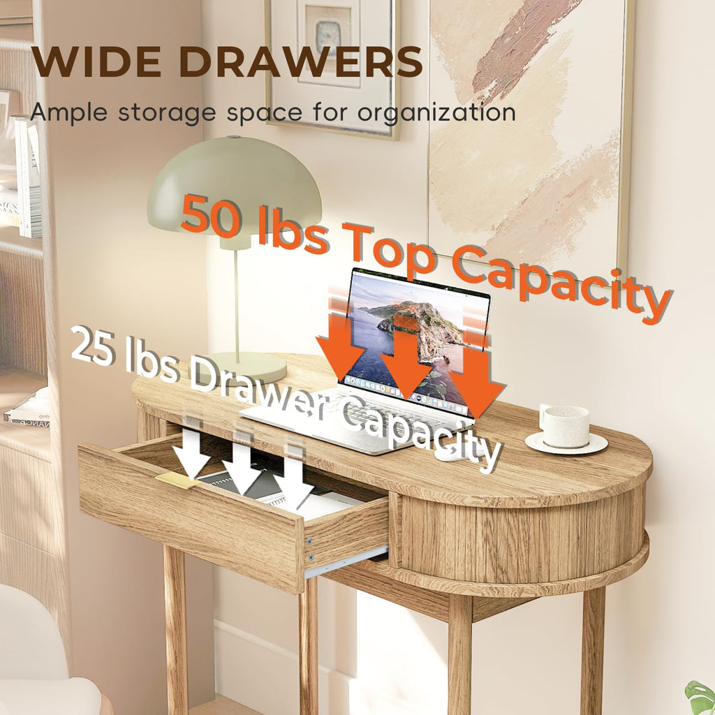 Writing Desk with Drawer, 39" Small Computer Desk with Fluted Design, Oval Wood Study Table for Small Space, Modern