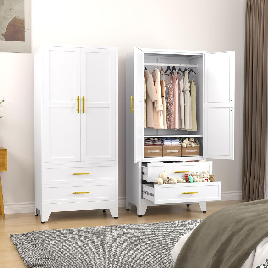 Metal Armoire Wardrobe Closet, 71 "Metal Clothing Storage Cabinet | with Adjustable Shelves and Hanging Rod