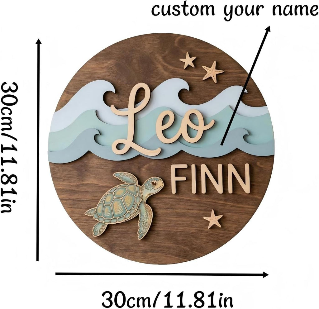 Personalized Name Sign, Custom Wooden Ocean Theme Wall Decor with Turtle Waves and Starfish, Kids Bedroom Door
