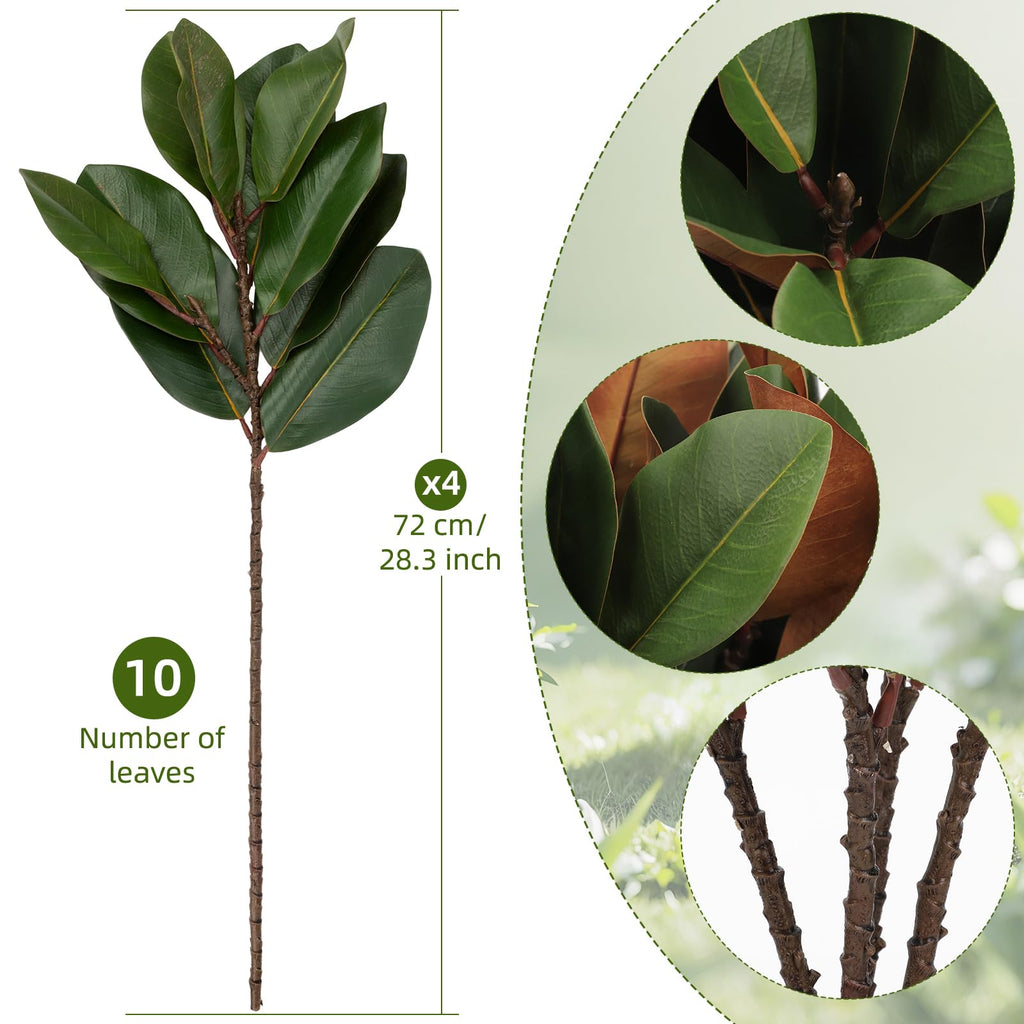 4PCS Magnolia Artificial Leaves Branches 28.3 Inch 3D Real Touch Faux 40 Leaves Magnolia Stems Fake Leaves Bulk for