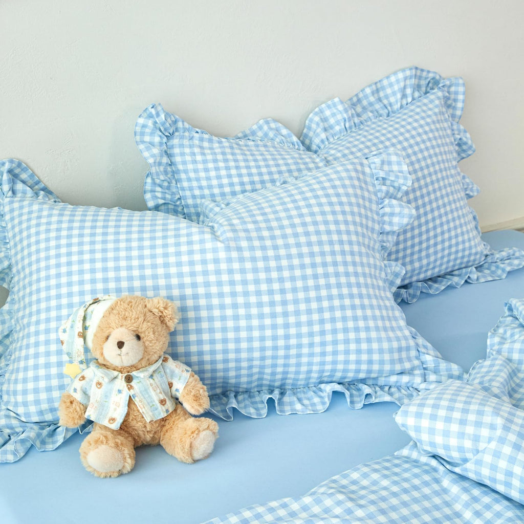 Gingham Ruffle Comforter Sets 5 Pieces Farmhouse Vintage Grid Comforter Bedding Soft Breathable Checkered