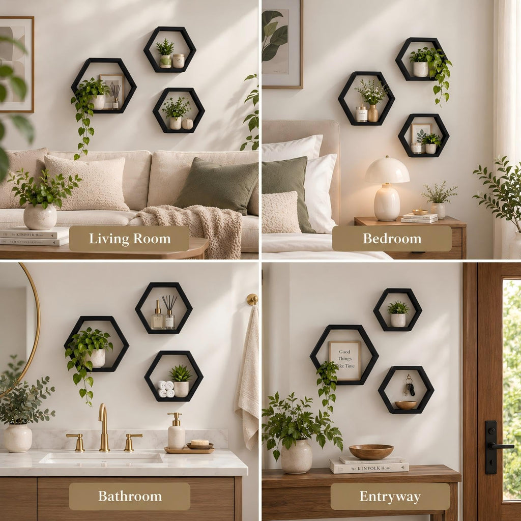 Wall Mounted Hexagon Floating Shelves, Wooden Wall Organizer Hanging Shelf Decor, Set of 3, Black