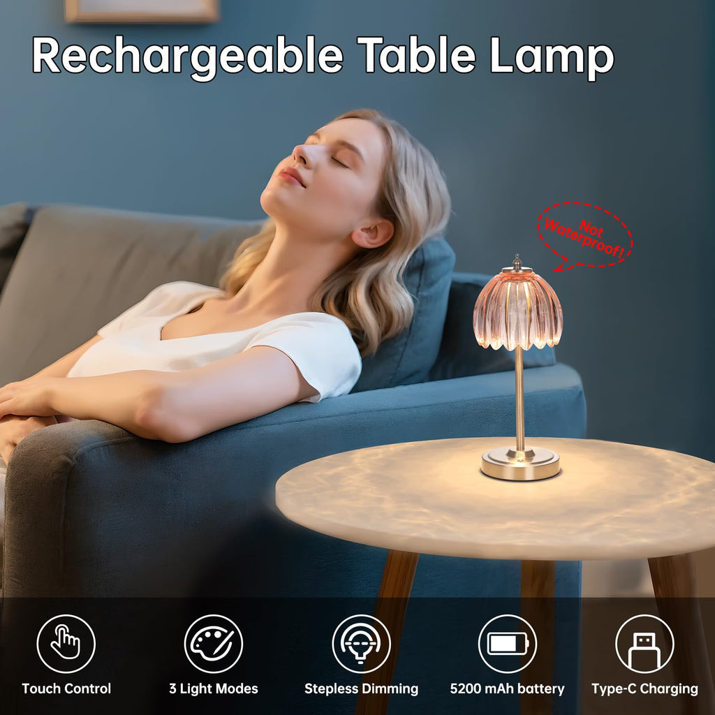 Tulip Table Lamp with 5200mAh Battery & Touch Control, Cordless Small Table Lamp with 3 Colors, Dimmable Rechargeable