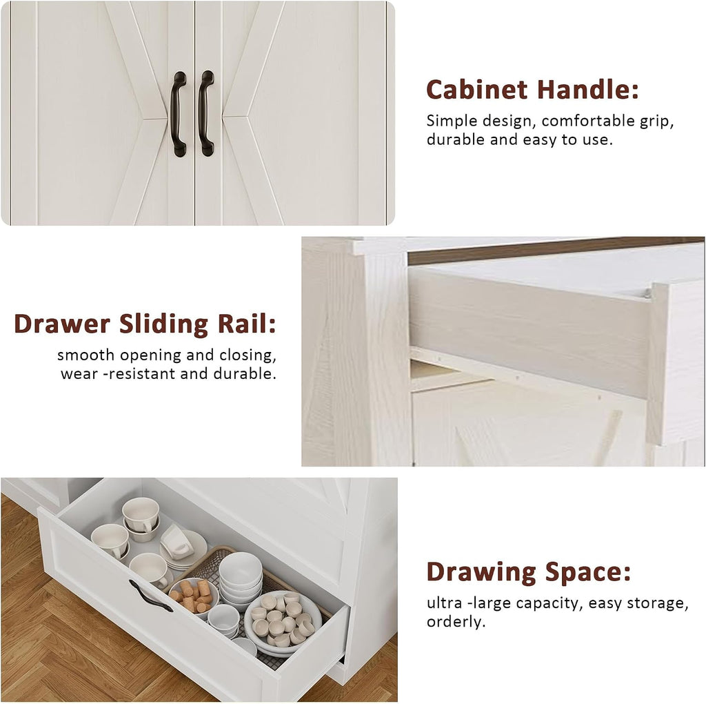 Kitchen Pantry Cabinet, Farmhouse Storage Cabinet with Barn Doors, Drawers and Adjustable Shelves, Versatile Storage