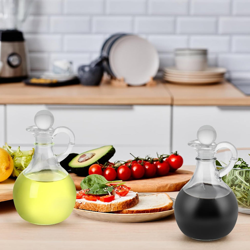 Clear Glass Oil and Vinegar Cruets, Salad Dressing Dispensers with Airtight Stoppers - Set of 2