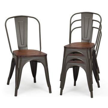 Industrial Style Dining Chair Set of 4, 18" Stackable Metal Chairs Set with High Backrest, Wood Seat & Non-Slip Foot
