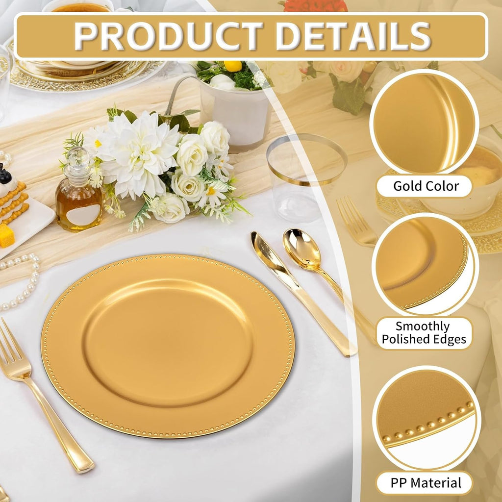 Gold Charger Plates, 13 Inch Plastic Round Gold Chargers for Dinner Plates with Beaded Rim, Reusable Plastic - Set of 50