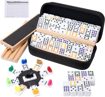 Mexican Train Dominoes Set 4 Wooden Racks Double 12 Game 91 Dot Tiles