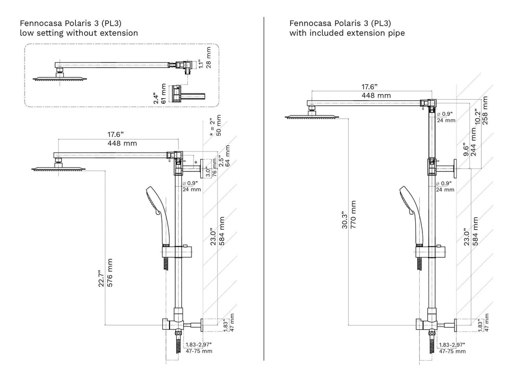 Polaris 3 Retrofit Rain Shower System, 3-Setting Handheld Shower Combo with Slide Bar, 8" Low Profile Shower Head