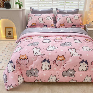 7 Piece Girls Cats Bedding Comforter Set Twin for Kids Bed in A Bag Pink Cute Cartoon Pet Cat Bedding Set for Boys