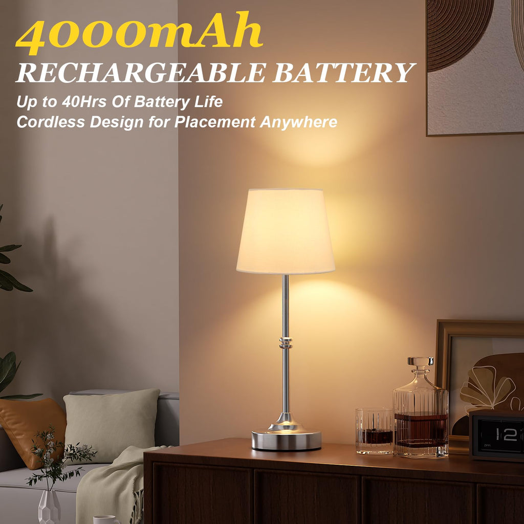 Rechargeable Cordless Table Lamp Silver - 1 Pack 4000mAh Battery Operated Lamp, 3000K Warm Light, Touch Control