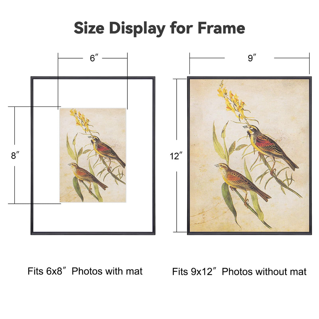 3Pcs 9x12 Black Aluminum Frames, HD Glass, Fits 6x8 With Mat