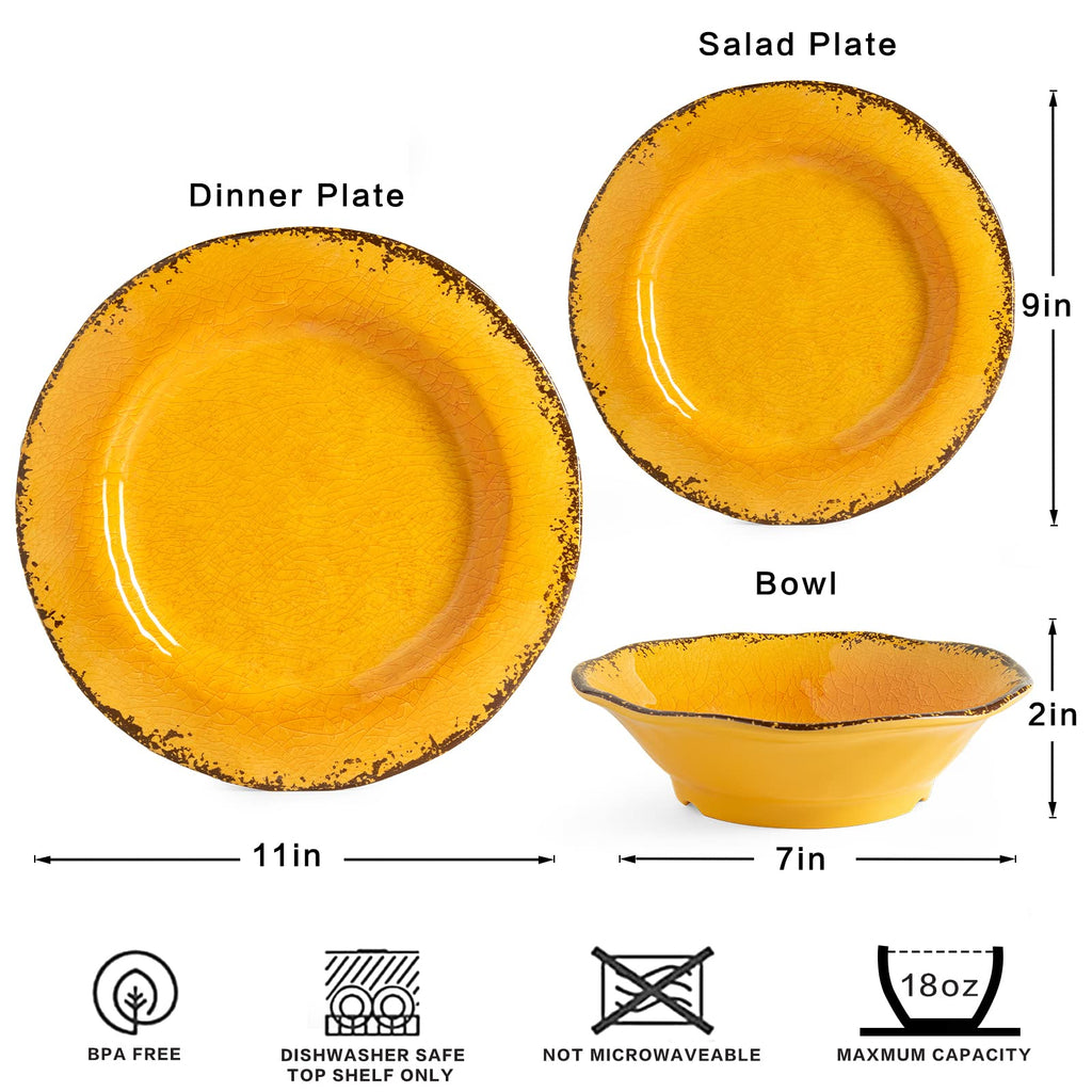 Rustic Melamine Dinnerware Sets for 4, Harvest Plates and Bowls Set