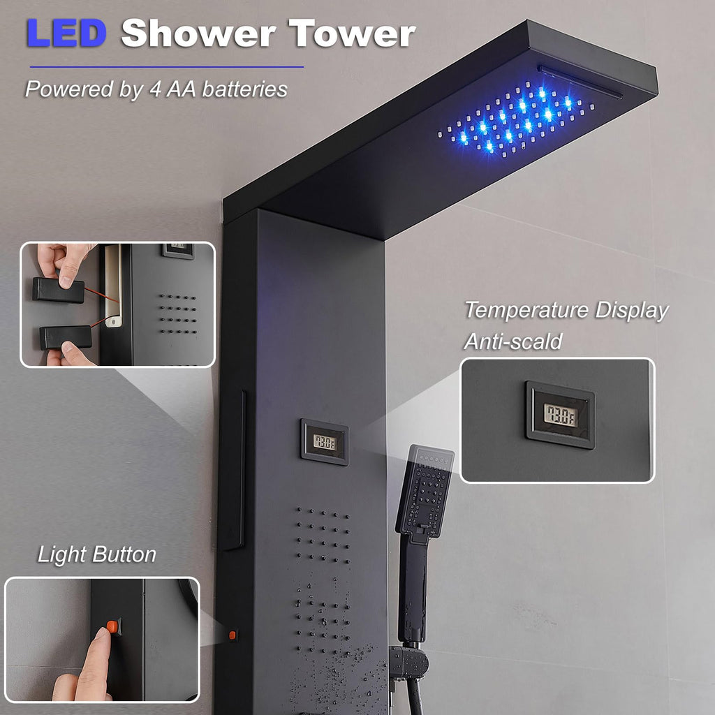 Black Shower Panel, Bathroom Shower Panel Tower System with Temperature Display Wall Mount