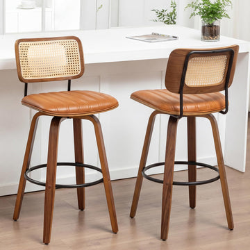Swivel Bar Height Stools, Mid Century Bar Stools with Rattan Curved Back