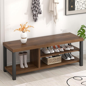 Entryway Bench, Modern Wood Shoe Bench Hallway, Industrial Indoor Shoe Storage Bench Seat, Rustic Walnut, 47 Inch
