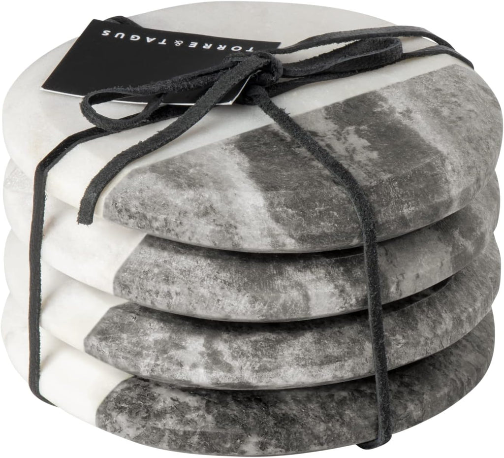 Round Marble Coasters for Drinks - Real Solid Marble Coasters for Coffee Table, Contemporary Beverage Holder - Set of 4
