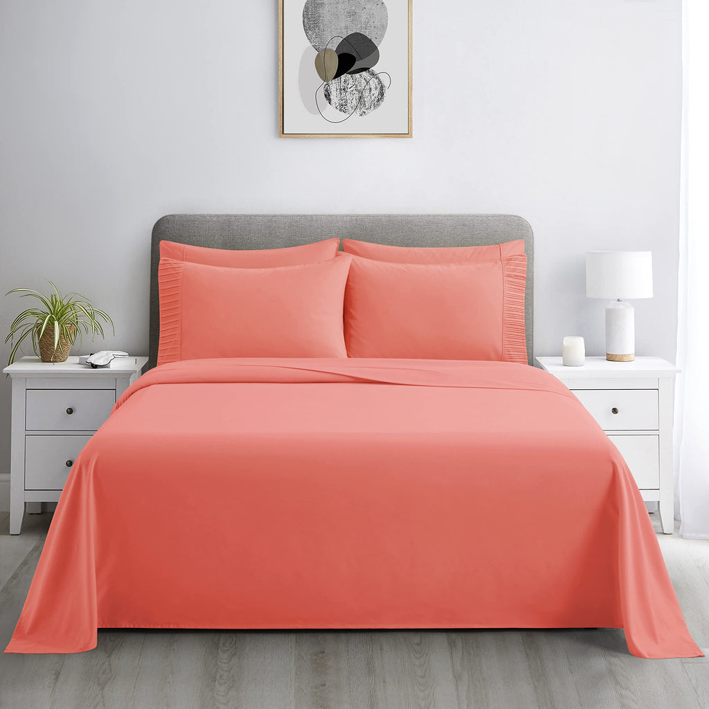 Ultra Soft Silky Deep Pocket Solid Rayon from Bamboo All Season 6 Pieces Sheet Set with 4 Pillowcases, Coral Color