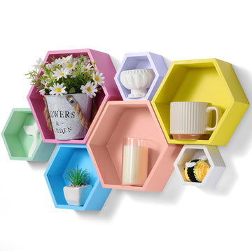 Honeycomb Shelves for Wall Set of 7 Wooden Hexagon Floating Shelves Decor Octagon Wall Mounted Storage Bookshelf