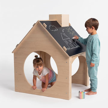 Indoor Montessori Wooden and Waldorf Style Playhouse for Toddlers with Double Chalkboard Roof. Sturdy Play Set