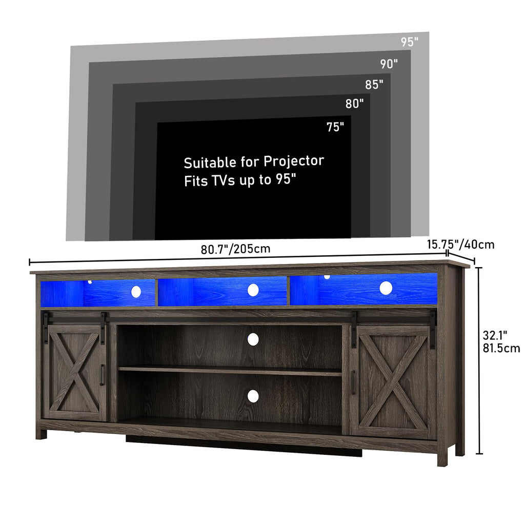80" LED Farmhouse TV Stand for 90/85/80 Inch TVs, Tall Entertainment Center Storage Cabinets w/Power Outlets and
