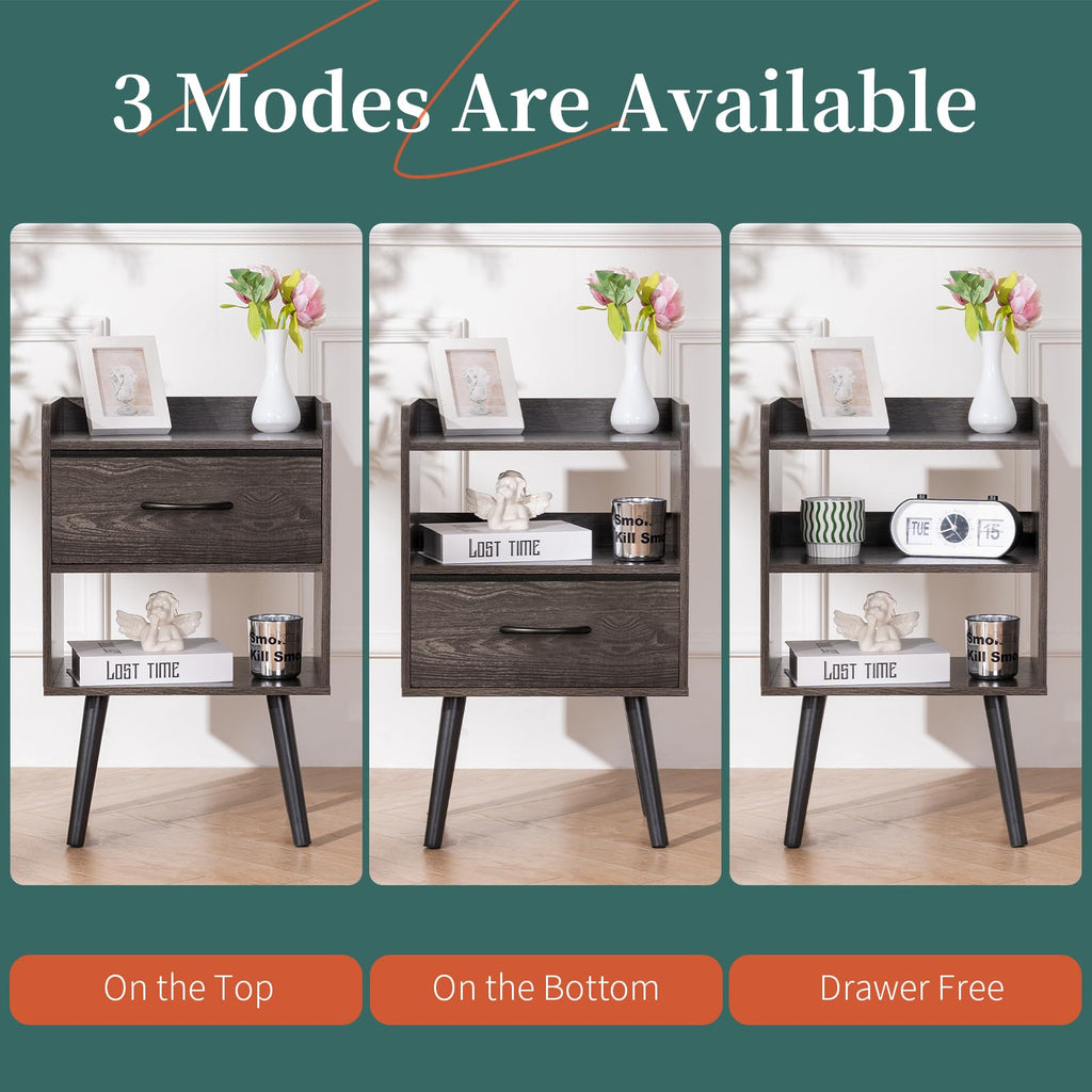 Night Stand with Fabric Drawer, Modern Nightstand, Bedside Tables, Mid Century Nightstands with Open Storage Shelf