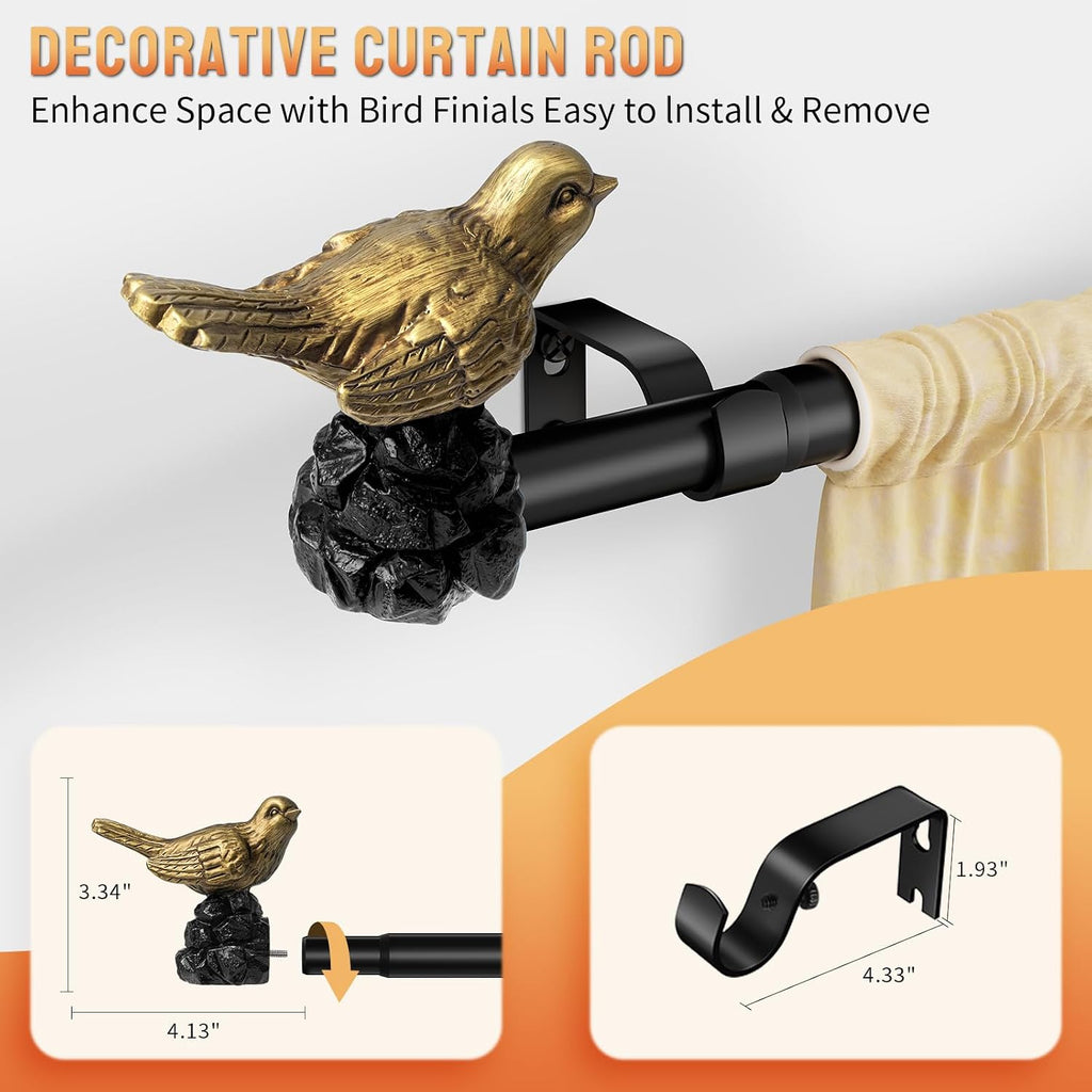 Bird Curtain Rod 18-45 Inch Black Curtain Rod with Gold Bird Finials Adjustable Heavy Duty Vintage Drapery Rod for
