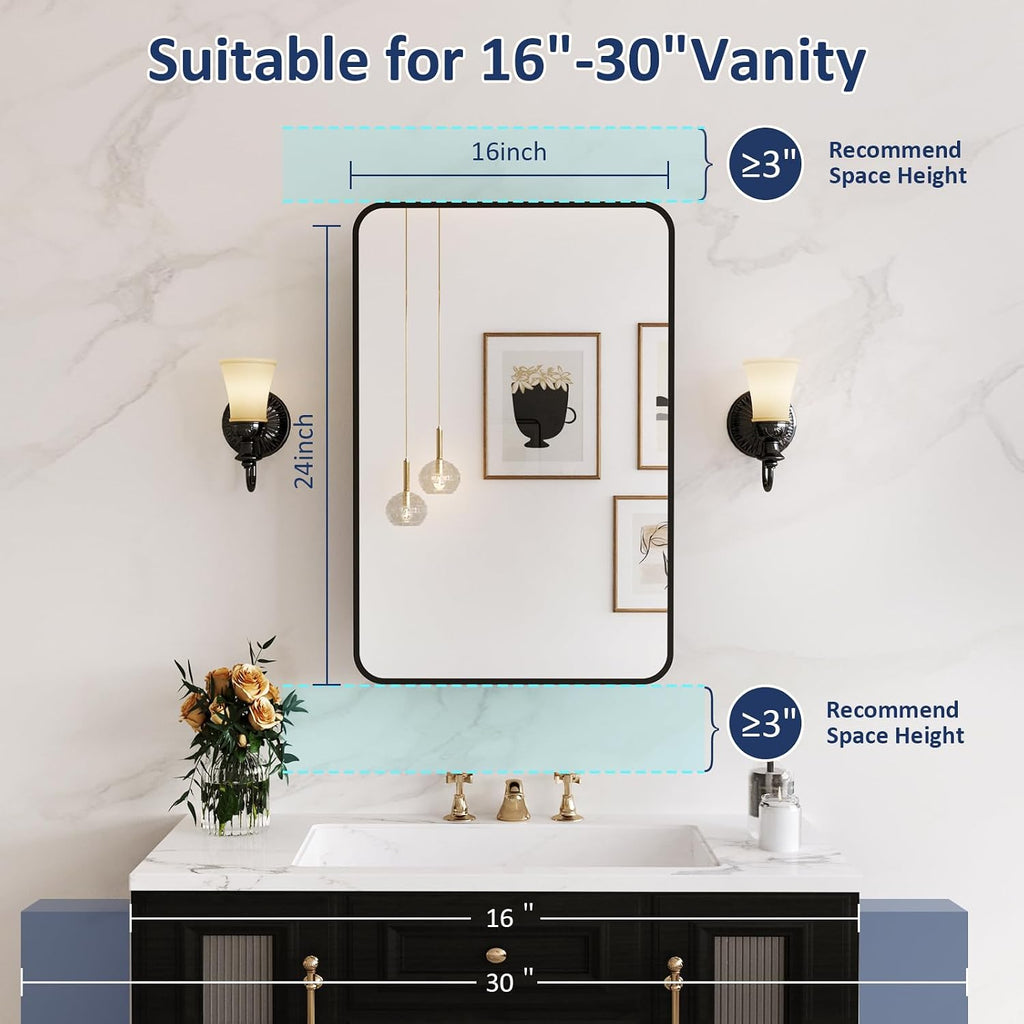 Medicine Cabinet Mirror 16x24 Inch, Black Bathroom Mirror Cabinet with Stepless Adjustable Shelves, Rounded Rectangle