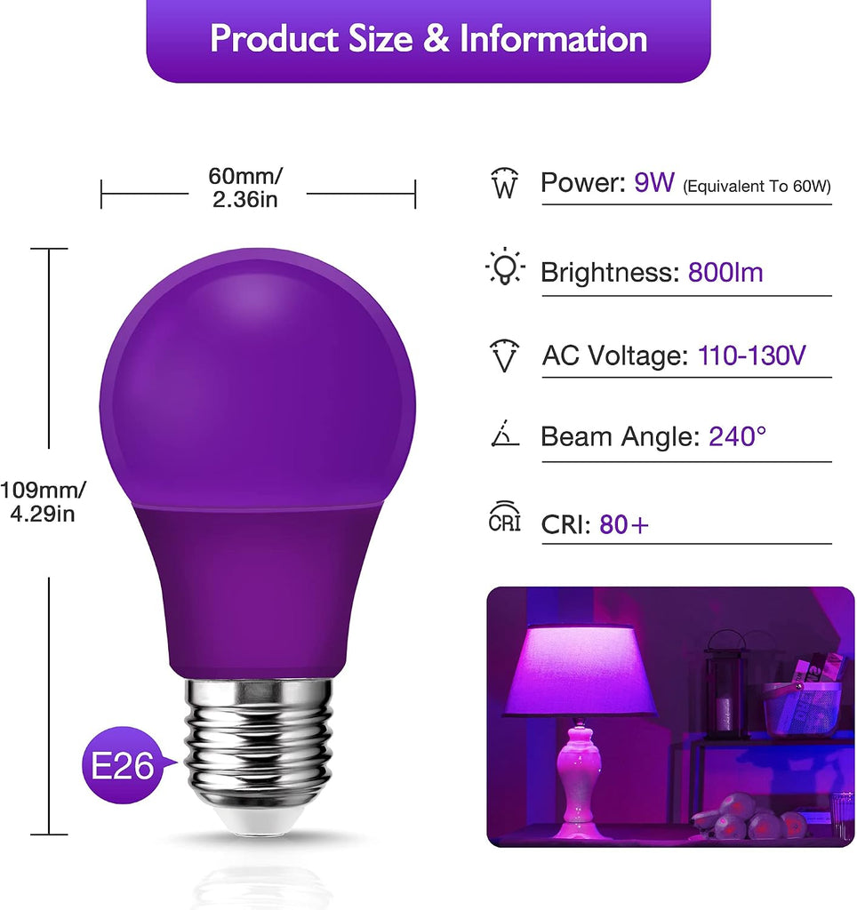 Purple LED Lights Bulb, A19 9W (60W Equivalent) E26 Base Colored Lights