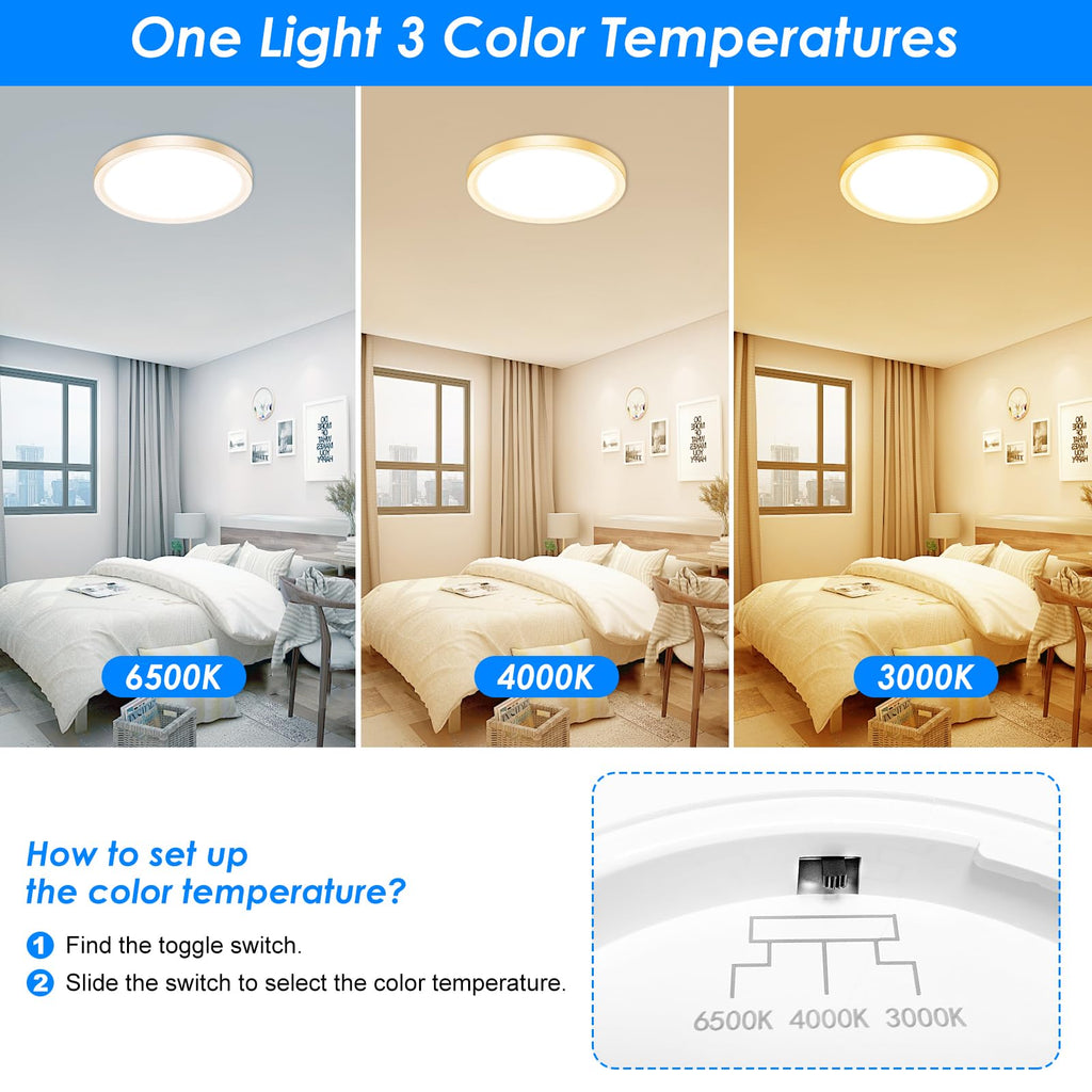 12 Inch LED Ceiling Light Gold, 24W Slim Flush Mount Ceiling Light 3000K/4000K/6500K Adjustable, Modern Round Ceiling