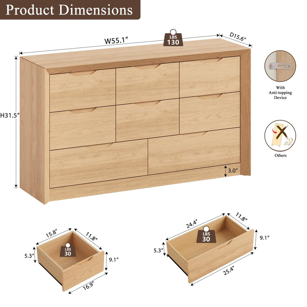 Natural Oak 8 Drawer Dresser, 55" Wide Chest of Drawers