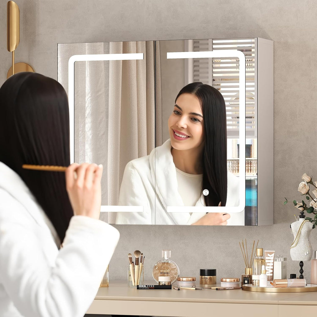Bathroom Medicine Cabinet with Mirrors and Led Lights 27.6x23.62 inch Double Doors Wall Mounted Mirror Cabinet with