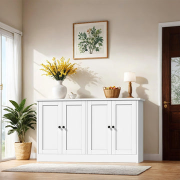 White Buffet Cabinet with Storage, 49" Modern Kitchen Sideboard with 4 Doors & Adjustable Shelves, Wood Coffee Bar