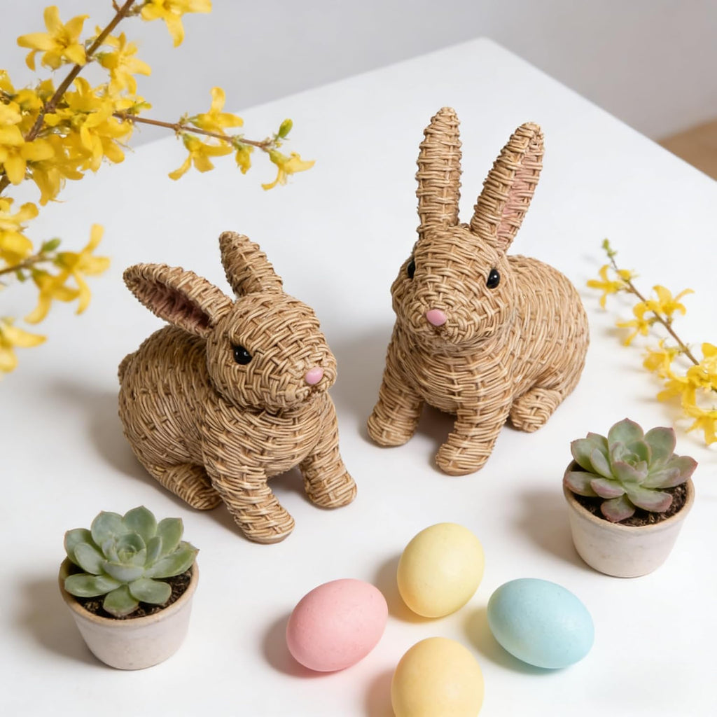 Woven Easter Bunny Figurines - 4.8" Tall White Rabbit Resin Sculptures with Handcrafted Wicker-Style Design - Set of 2