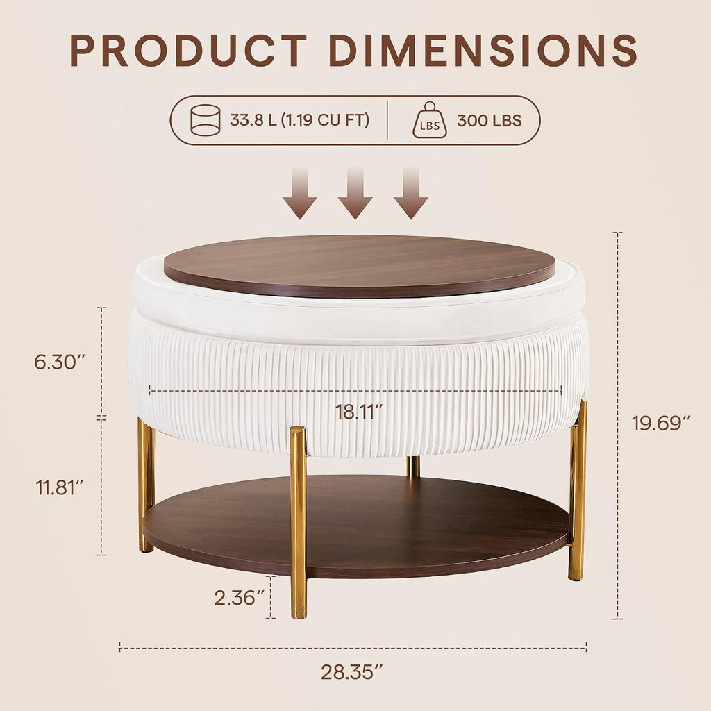 28.5 Inch Round Coffee Table Ottoman with Storgae | Modern Large Upholstered Circle Storgae Ottoman with Removable