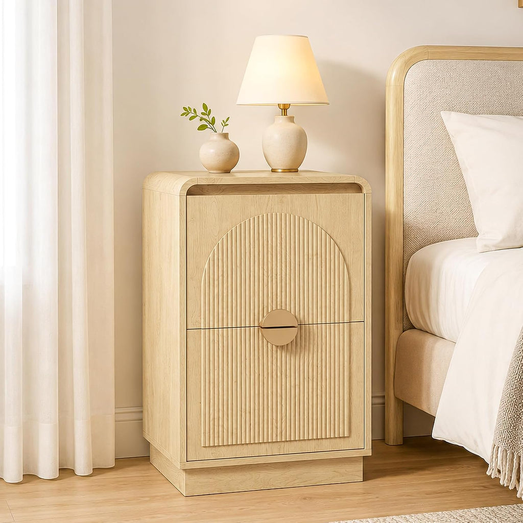 Fluted 2 Drawers Vertical File Cabinet with Curved Corners, Natural