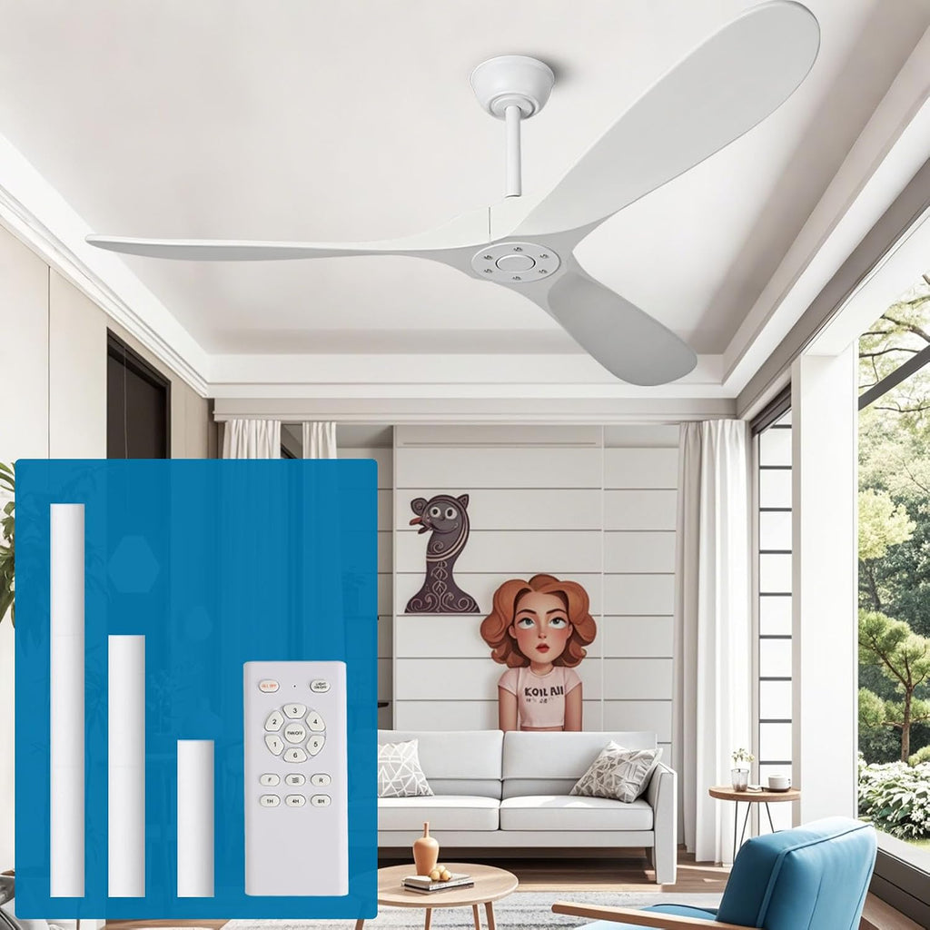 Inspired Maverick Style 72" White Wood Ceiling Fan with Solid Wood Blades,Indoor/Outdoor 3-Blade DC Motor Ceiling Fans,Remote Control,6-Speed Silent Reversible Motor,Rustic Wooden Ceiling Fan for Patio,Living Room,Bedroom A102-B0DLKKVSJK