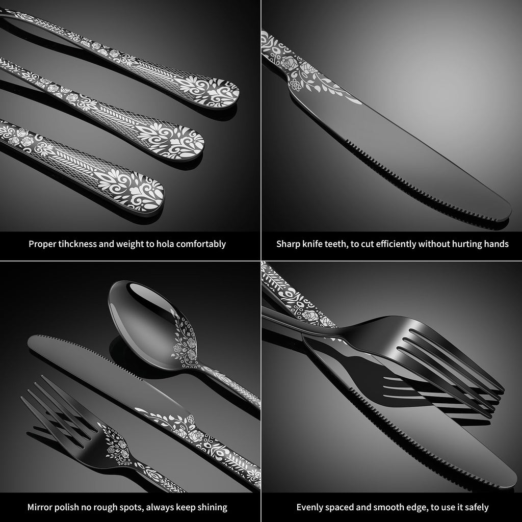 40 Piece Black Silverware Set, Stainless Steel Flatware Cutlery Set Service for 8, Mirror Polished Tableware Eating