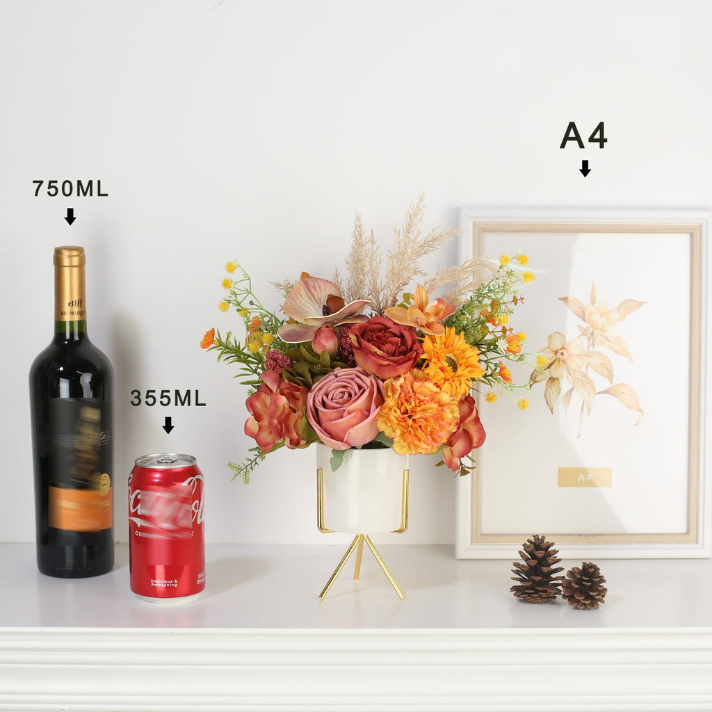 Artificial Flower Arrangement with Ceramic Vase and Gold Metal Stand, Orange and Terracotta Mixed Seasonal Flowers
