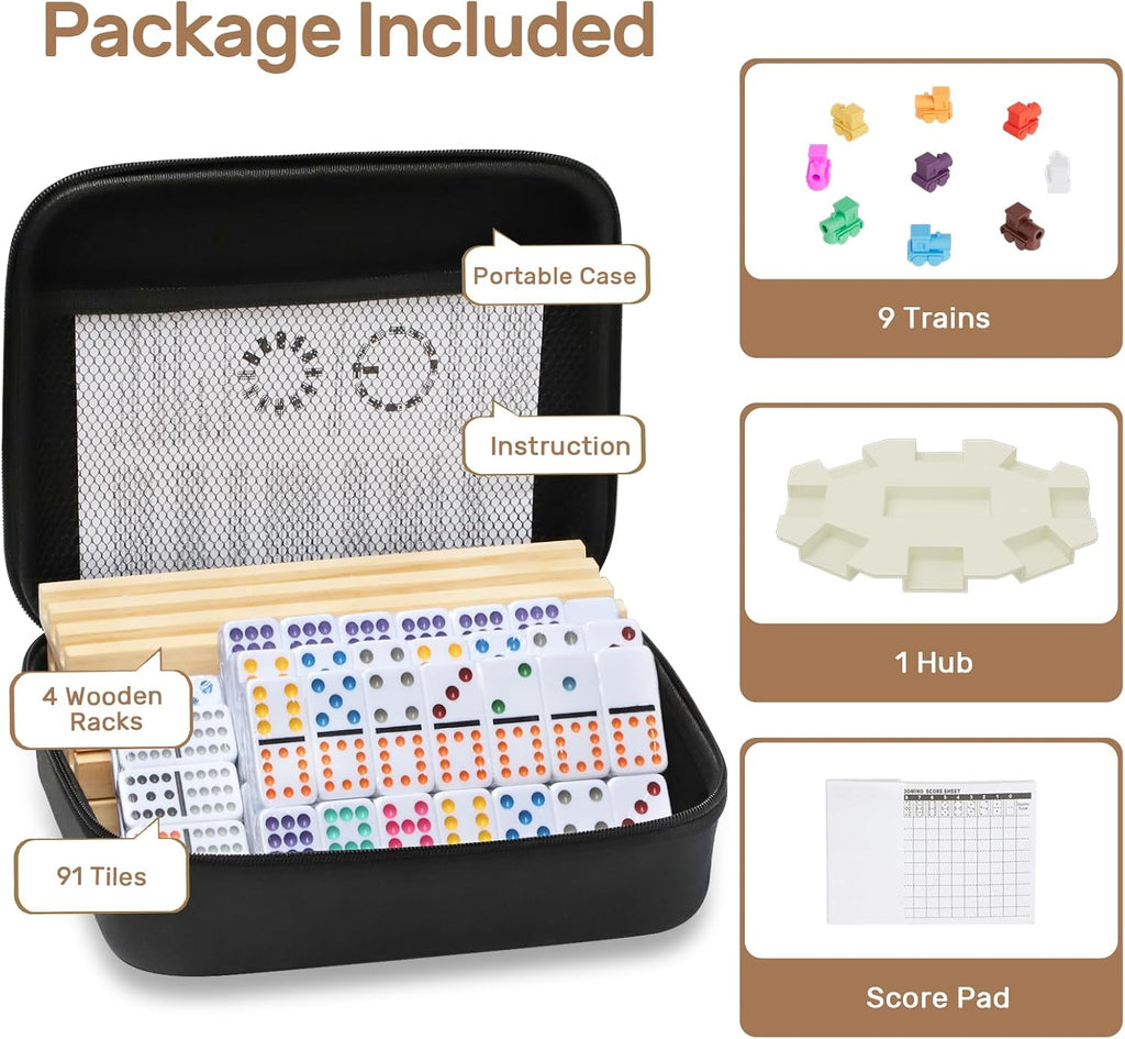 Mexican Train Dominoes Set with 4 Wooden Trays/Racks, Double 12 Dominos Travel Set with 4 Domino Tiles Holders, 91