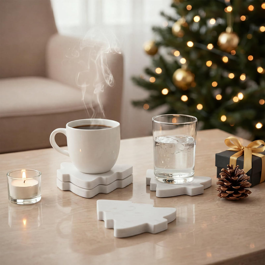 4pcs Marble Coasters Christmas Trees White Coasters 4.7" x 3.9"
