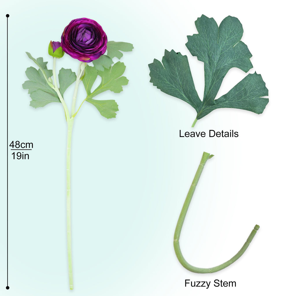 Artificial Ranunculus Flowers Purple, 10 Pack Real Touch Silk, 19 Inch with Blooming Flowers & Buds, Fuzzy Wired Stems