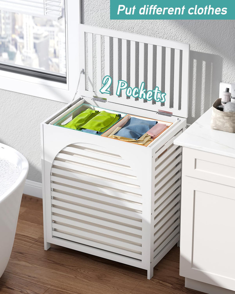 White Laundry Hamper, Laundry Hamper with Lid, 27.3 Gallon (103L) Bamboo Wood Clothes Laundry Basket with Lid and