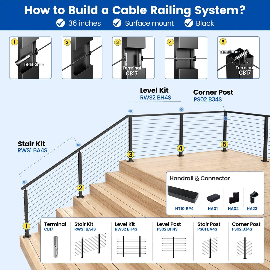 36" Black Cable Railing Post Surface Mount Level Drilled PS02 BH4S