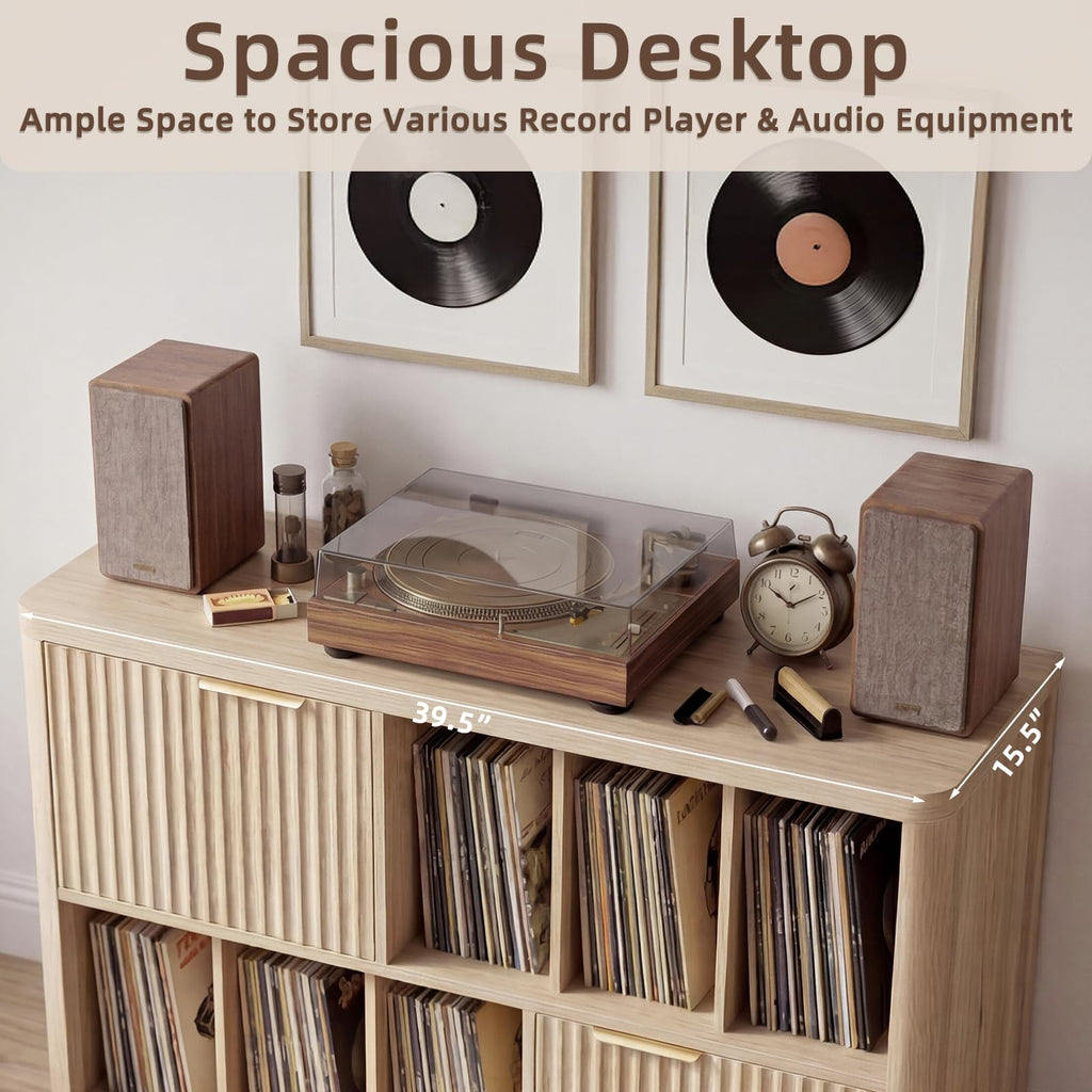 Large Record Player Stand - 39.5" Record Cabinet with Open Vinyl Storage Holds up to 400 Albums, Modern Vinyl Player