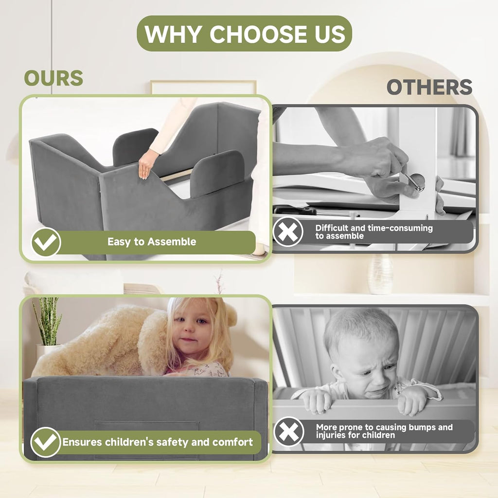 Toddler Floor Bed with Removable Safety Rails and Storage Bag, Kids Bed for Girl and Boys, Standard Crib Size, Safety