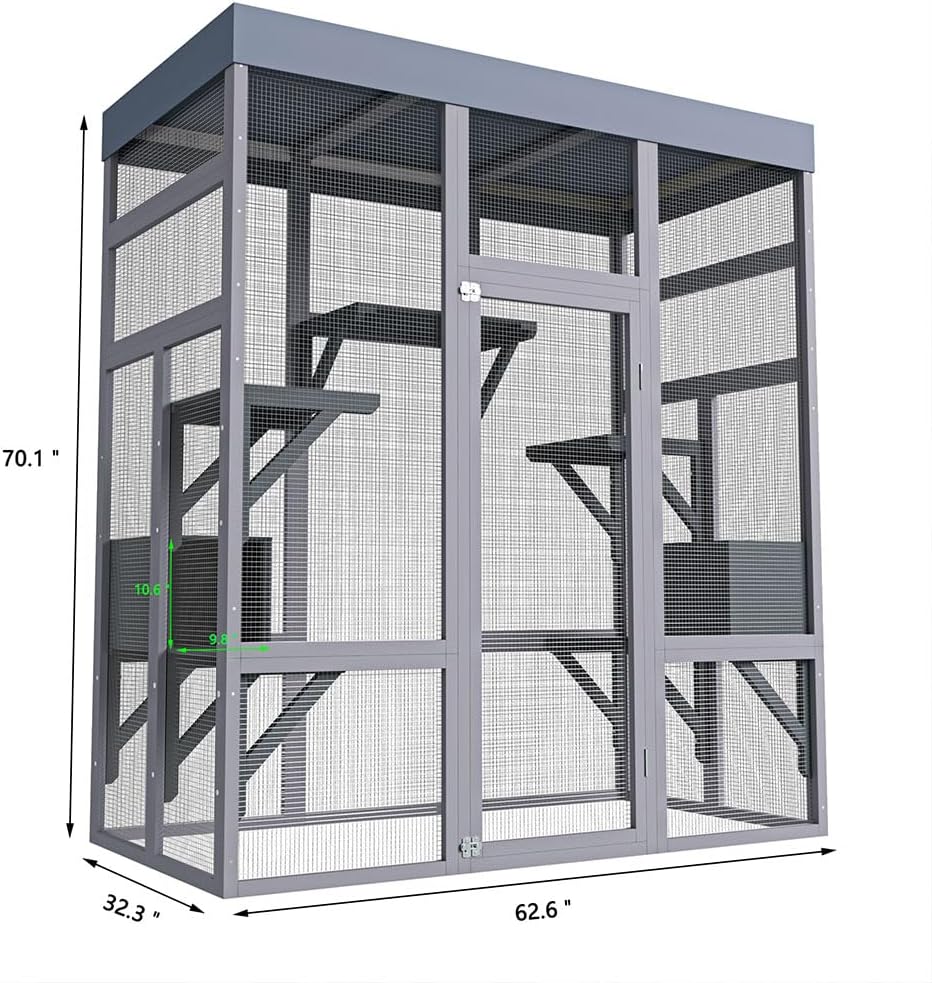 70.1" Large Catio Outdoor Cat Enclosure, Solid Wood Cat House with Waterproof Fabric Roof and 2 Napping House