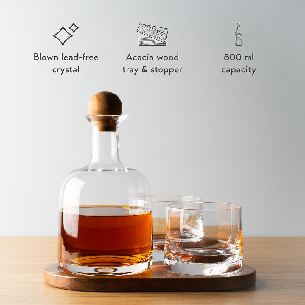 Whiskey Decanter Set with Glasses, Wood Tray and Stopper - Set of 5