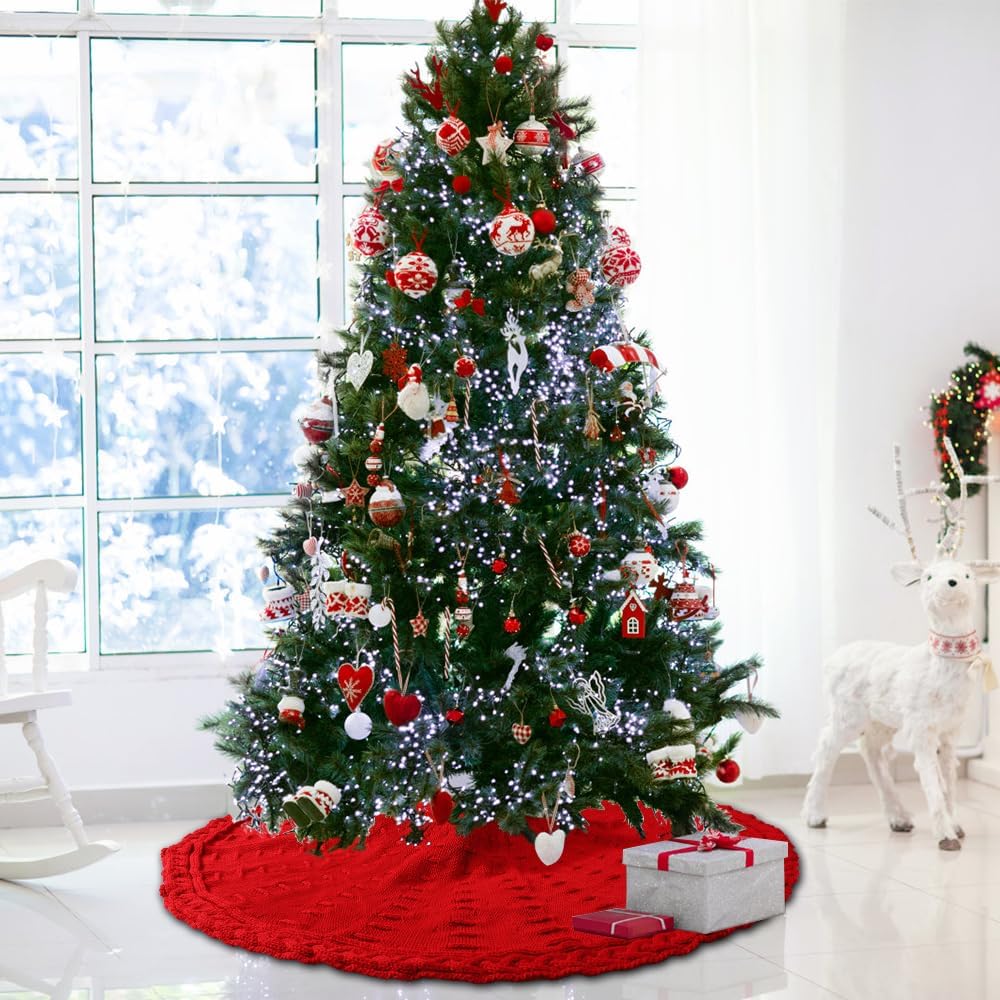 36 Inches Christmas Knitted Tree Skirt Decorations Xmas Large Red Chunky Cable Farmhouse Thick Rustic Tree Skirt