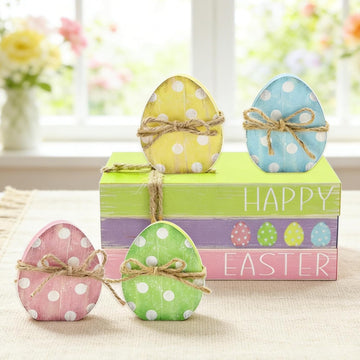 Easter Wooden Tiered Tray Decor Faux Stacked Books Colorful Polka Dot Egg Table Centerpiece Block Signs - Set of 7